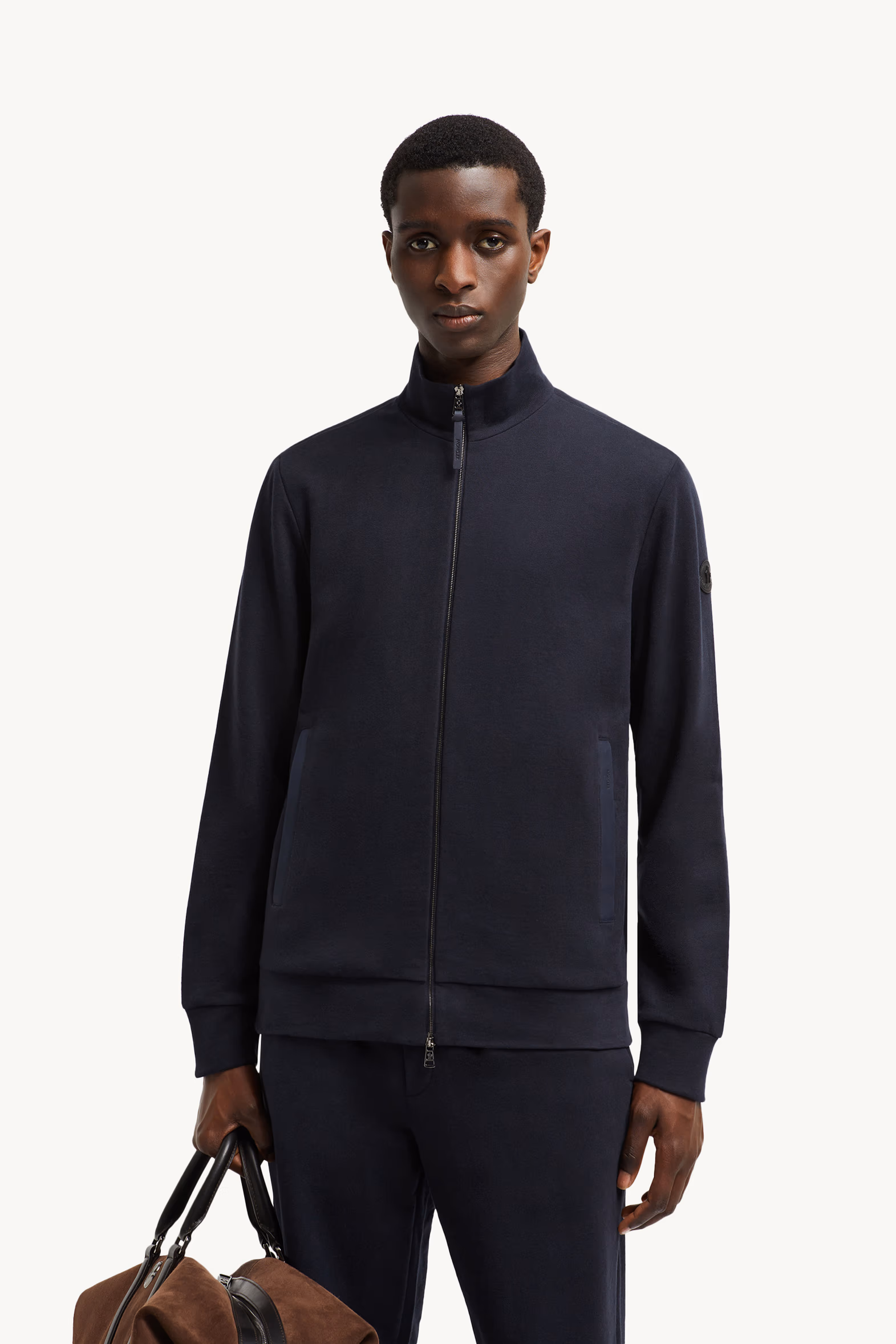 Sweat en coton et cachemire à bordure en daim Hommes Bleu marine Moncler 0